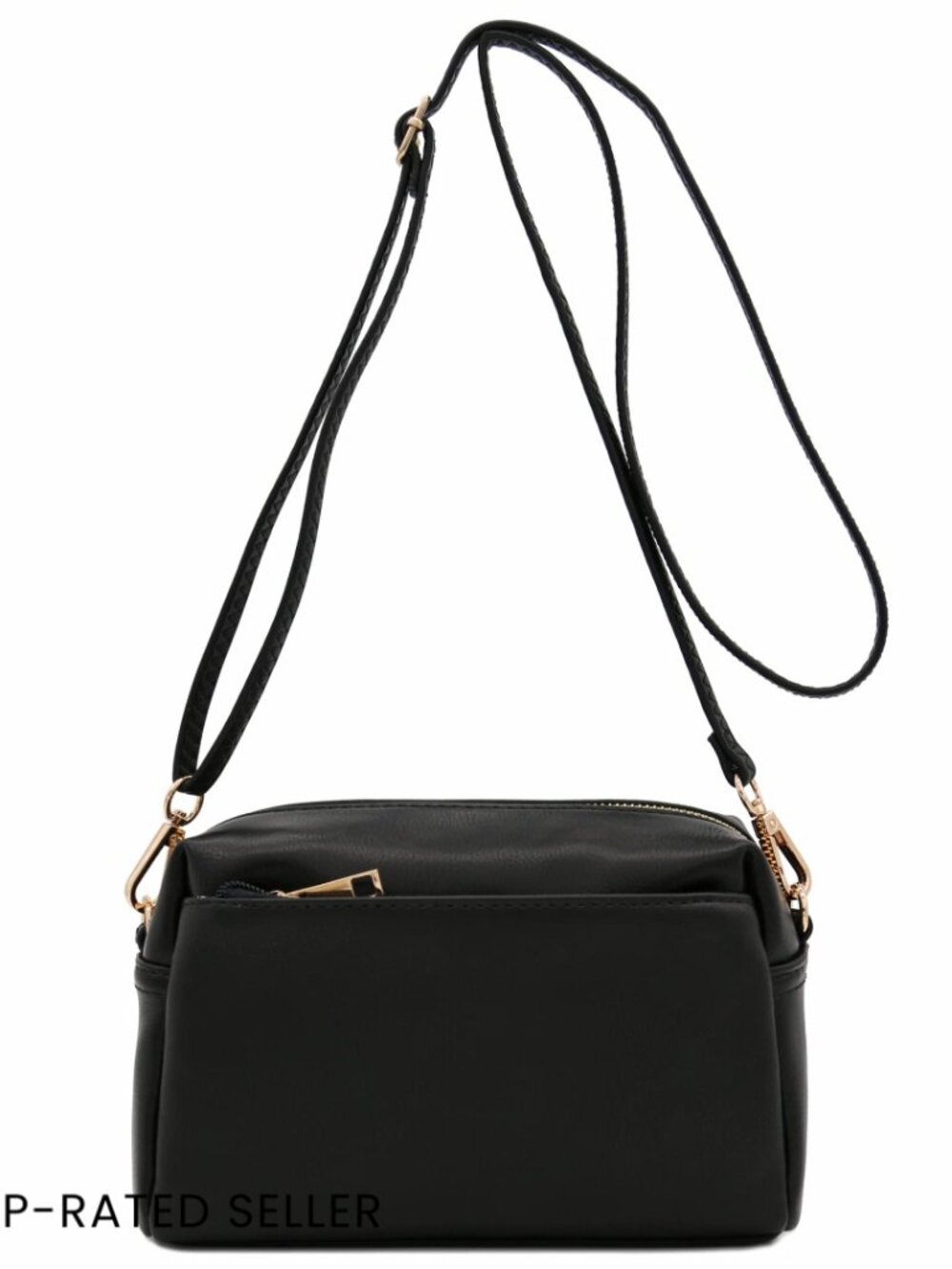 Triple Zip Crossbody Bag Faux Leather Adjustable Strap Casual Everyday Chic